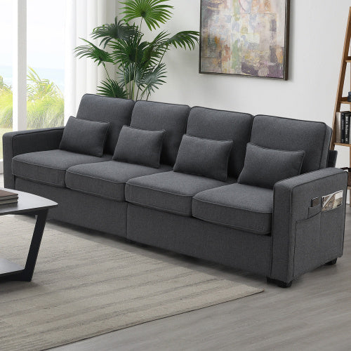 Modern Linen Sofa with Armrest Pockets & 4 Pillows – 3 Colors