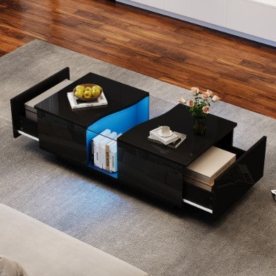 LED Coffee Table with Storage Drawers – Black High Gloss