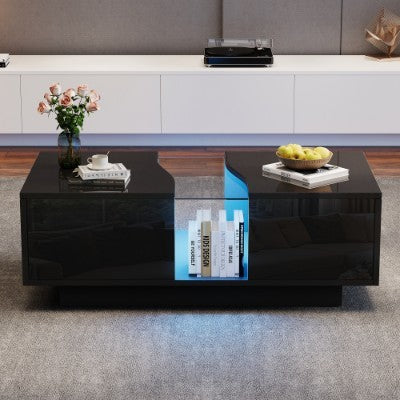 LED Coffee Table with Storage Drawers – Black High Gloss