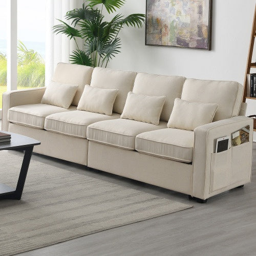 Modern Linen Sofa with Armrest Pockets & 4 Pillows – 3 Colors