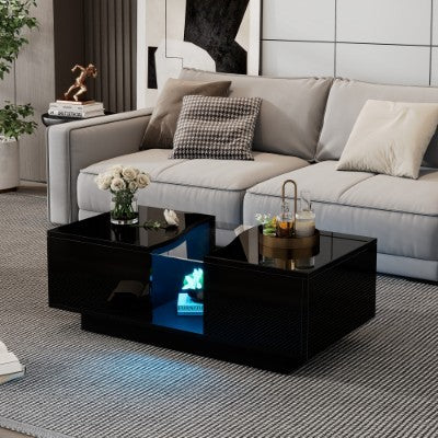 LED Coffee Table with Storage Drawers – Black High Gloss